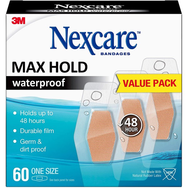 Nexcare Max Hold Waterproof Bandages, Clear, Family Pack, 60 ct Assorted