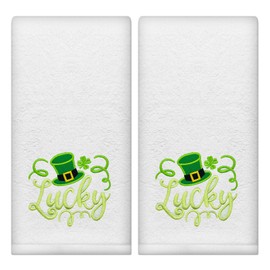 Hexagram St Patricks Day Hand Towels for Bathroom Set of 2, St Patricks Day Bathroom Decor Embroidered Lucky Green Hat Shamrock Pattern, 100% Cotton Soft Luxury Towels for Bathroom 14x30 Inches