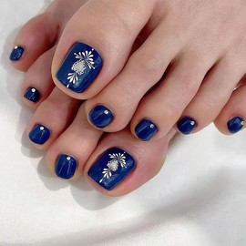 Blue Artificial Acrylic Fake Nails for Toe, Press on Toenails Coffin with White Flower Designs, Full Cover Reusable False Toenails with Glue, Glue on Toe nails with Charm for Women Girls（JP1638）