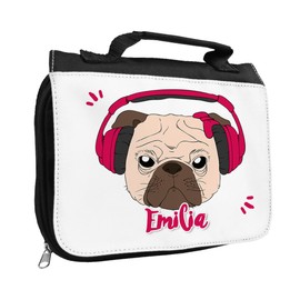 Kulturbeutel mit Namen Emilia und Motiv - Mops mit Kopfhörer pink - für Mädchen | Kulturtasche mit Vornamen | Waschtasche für Kinder