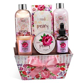 Peony Floral Spa Basket – 7-Piece Bath and Body Gift Set for Women with Shower Gel, Body Lotion, Body Scrub, Body Oil, Bath Salt, and Scented Candle – Perfect Spa Gift