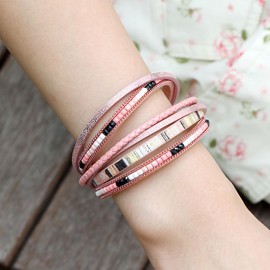 Dmaiy Boho Leather Bracelet Wrap Layered Bracelets Buckle Clasp Stackable Bracelet Beads Jewelry for Women (Pink)