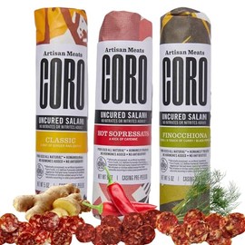 Coro Classic, Finocchiona, & Hot Sopressata Uncured Artisan Salami Stick – 5oz (Pack of 3) | Perfect for Characuterie Boards, Snacking, Hosting Gifts | All Natural, Gluten-Free, No Added Nitrates & Nitrites