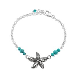 925 Sterling Silver Turquoise Bracelet - 3mm Turquoise Round Beads with Starfish Silver Charm - 16-18cm Length - December Birthstone Turquoise Jewelry for Women - Perfect for Gifting
