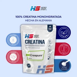 HS Hero Sport Creatina Monohidratada Creapure® 1kg. 100% Pura. Solo 1 Ingrediente Creatina Alemana Creapure®. Vegana, Sin Azúcar, 200 porciones, 5g por porción, Incluye Scoop. Pure. Proven. Perfect.