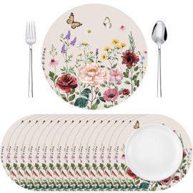 Supervitae 60 Pack Floral Paper Placemats Vintage Wild Flower Round Place Mats 13.7 Inch Flower Butterfly Disposable Placemat Tea Party Decoration for Bridal Shower Baby Shower Bridal Birthday Wedding