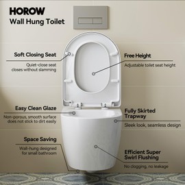 HOROW HR-TG03W Wall Hung Toilet, Wall Mounted Toilet with Soft Closing Seat, Adjustable Round Floating Toilet Bowl, Compact Rear Outlet Toilets for Modern Bathroom, Space Saving In-Wall Toilet, White