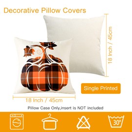 Sungeek 4er Set Herbst Kissenbezüge, Leinen Dekorativ Zierkissenbezüge Kürbis Kissenbezug Erntedankfest Deko Kissenhülle für Sofa Couch Schlafzimmer Wohnzimmer (45x45 cm, Orange Plaid LKW)