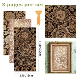 beinkmake 3 Sheets Vintage Golden Lacework Rub on Transfers Stickers for Crafts and Furniture 12×6inch Floral Flower Furniture Transfer Stickers for Wood Furnitures Cabinet Dressers Home Decor