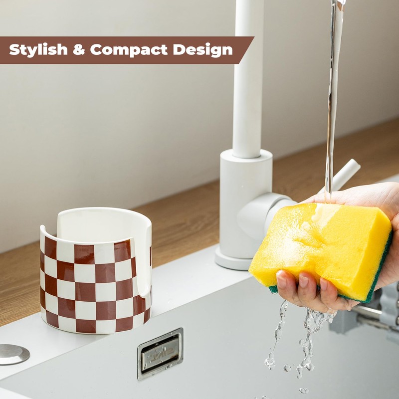 Checkered Sponge Holder for Kitchen Sink, Ceramic Dish Sponge Drying