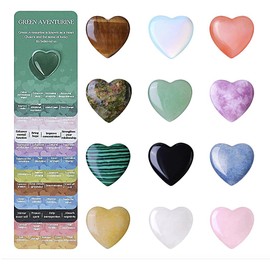 12 Pcs Heart Shaped Healing Crystals Set with Meanings Cards, MEOAlBkey Natural Worry Stones for Anxiety Relief & Meditation Chakra Stones for Spiritual Wellness Unique Crystal Gifts for Women & Men