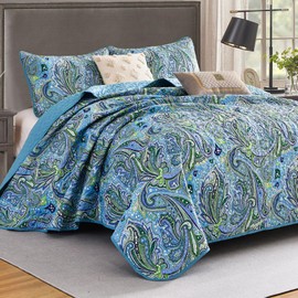 DJY Teal Paisley Quilt Set King Size Boho Bedspread Set 3 Pieces, Soft Lightweight Microfiber Coverlet Set Paisley Floral Pattern Bedding for All Season, Teal Blue 104''x90''