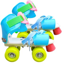 Adjustable Kids Roller Skates for Boys & Girls, Beginner Quad Skates with 4 PU Wheels, Comfortable & Safe for Ages 5-12, for Active Kids (Pink/Blue) (Blue)