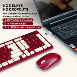 Wireless Keyboard and Mouse Combo, Reccazr 2.4G Full-Sized Keyboard and Mouse Cordless, 3 DPI Adjustable Mouse, Dual-System Keyboard for Computer/Laptop/Windows/Mac (Wine red)