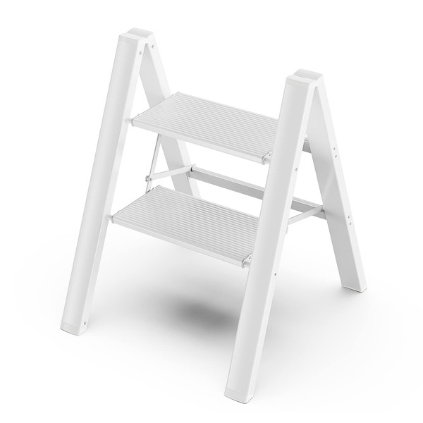 GameGem 2 Step Ladder, Aluminum Folding 2 Step Stool with Anti-Slip Sturdy and Wide Pedal, Lightweight Portable Stepladder for Home and Kitchen Use Space Saving, Cream White, 330 lbs
