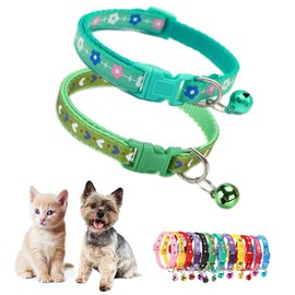 XS Dog Collar with Bell,(2-Pack Green) Flower Love Cat Collars with Bells Girl Cute Fancy Puppy Collars with Bells for XXS XS Tiny Little Kitten Pet Female Dogs,Neck 7-12 Inch