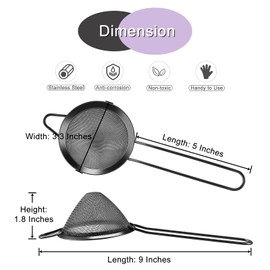 Black Small Strainer Set of 2, E-far 3.3 Inches Stainless Steel Fine Mesh Sieve with Long Handle, Metal Conical Strainers for Tea Cocktail Coffee Food, Rust Proof & Easy to Clean