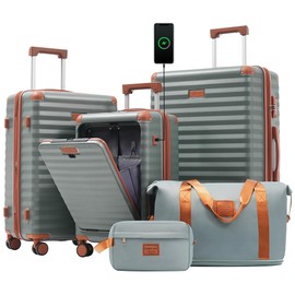 Merax Luggage Sets 3 Piece Front Opening, Hardside Lightweight Carry on Suitcase with Cup Holder USB Port,Durable Expandable Luggage with Bags Spinner Wheels and TSA Lock,Grey Blue