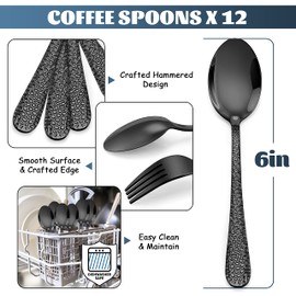 E-far 12-Piece Black Coffee Spoons, 6-Inch Stainless Steel Espresso Spoons, Small Metal Spoons for Coffer/Sugar/Tea, Hammered Design & Rust Free, Mirror Finish