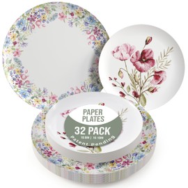 Trendables Heavy Duty Paper Plates Set For 16 Guests - 16 Each Of 8-inch And 10-inch Disposable Plates For Party - Fancy 32 Piece Dinnerware Set For All Occasions | Floral Design, Provincial
