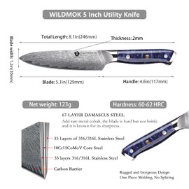 WILDMOK Kitchen Utility Knife, 5 Inch Damascus Japan VG-10 Steel Kitchen Utility Knife, Sharp Kitchen Cooking Knife, Ergonomic Color resin handle Luxury Gift Box