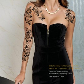Black and White Floral Temporary Tattoo Stickers, Large Rose Designs, 10 Sheets Women temporary tattoo sleeves