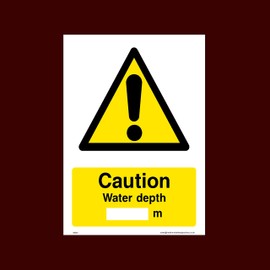 Caution Water Depth M Plastic Sign with 4 Pre-Drilled Holes (WS35) - No Swimming, No Diving, No Sailing, Deep Water, Eating & Drinking, Slippery