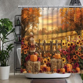 QZJDX Fall Thanksgiving Shower Curtain for Bathroom Autumn Harvest Pumpkin Scarecrow Sunflowers Wood Fence Countryside Farm Scene Decor Polyester Fabric Bath Curtains 70"x70"