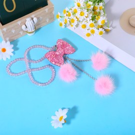 Pink Bling Car Mirror Accessories Hanging for Women, Car Mirror Hanging Accessories Girly Rhinestone Bowknot with Pink Beads and Plush Ball Car Rearview Mirror Decor Ornament Pendant, Christmas Gifts