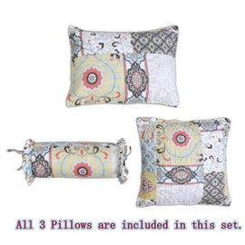 Cozy Line Home Fashions Moorea Floral Gray Yellow Coral Aqua Blue Patchwork Microfiber Reversible Bedding Quilt Set, Coverlet, Bedspread (Fleur-de-lis, Queen+Décor Pillows - 6 Piece)