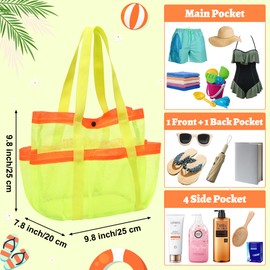 GQIRIL Mesh Beach Bag for Women - Foldable Waterproof Sandproof Beach Storage Tote with 6 Pockets, Swim Tropical Vacation Pool Essentials for Kids Family Swimmers Travel Cruise (Fluorescent Green)