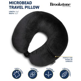 Brookstone Microbead Travel Head and Neck Pillow Lightweight and Plush with Phone or Headphone Pocket, Black