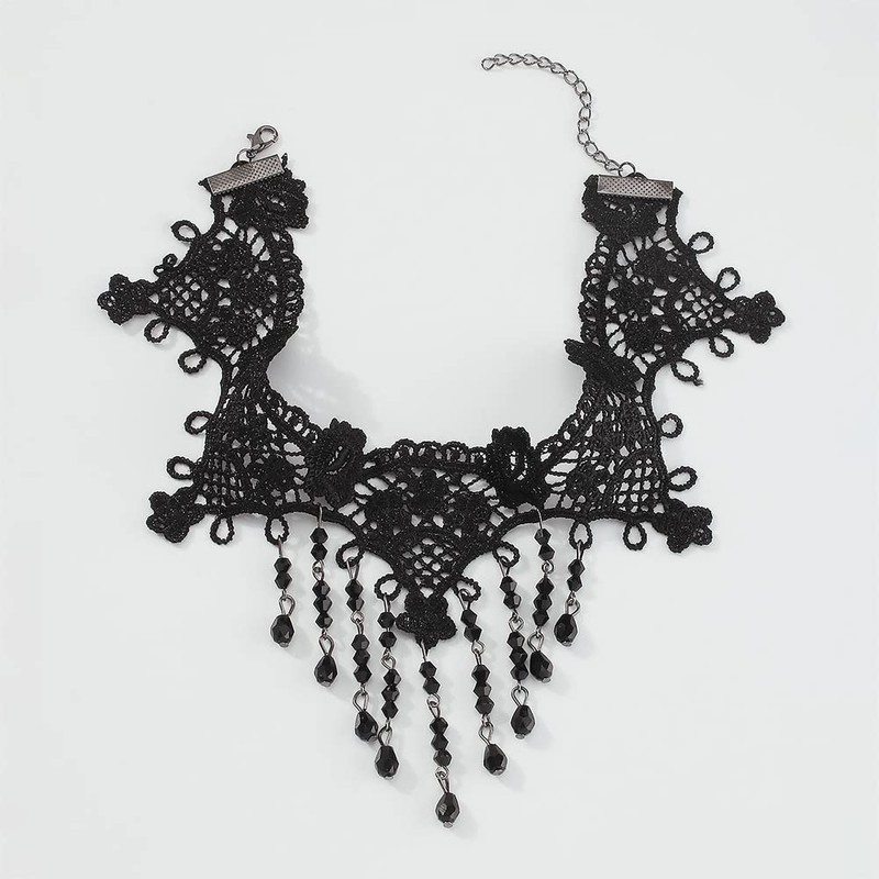 Asphire Gothic Lace Choker Necklace Black Crystal Tassel Collar Necklace