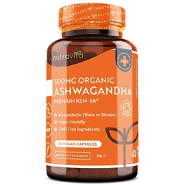 Organic Ashwagandha KSM-66® with 5% Withanolides - Vegan Friendly with The Highest Concentration Most Bioavailable Full-Spectrum Root Powder - Made in The UK by Nutravita