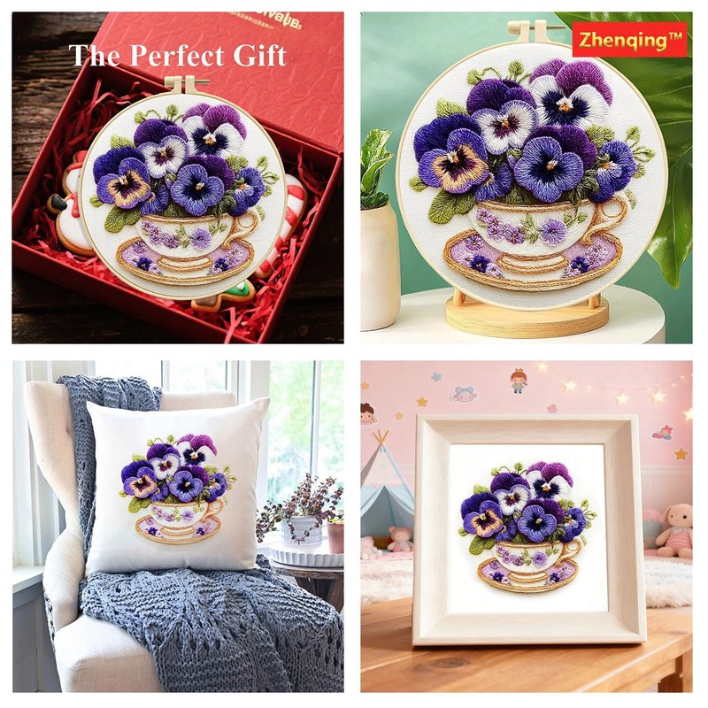 Zhenqing Pansy Embroidery Kit for Beginners, Pre-Printed 29x29cm Cotton Fabric
