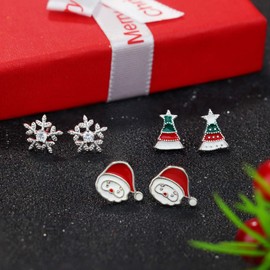 Fiasaso Christmas Earrings 3 Pairs 925 Sterling Silver Christmas Stud Earrings for Women Hypoallergenic Snowman Santa Claus Christmas Tree Snowflake Earrings Christmas Thanksgiving Jewelry Gift