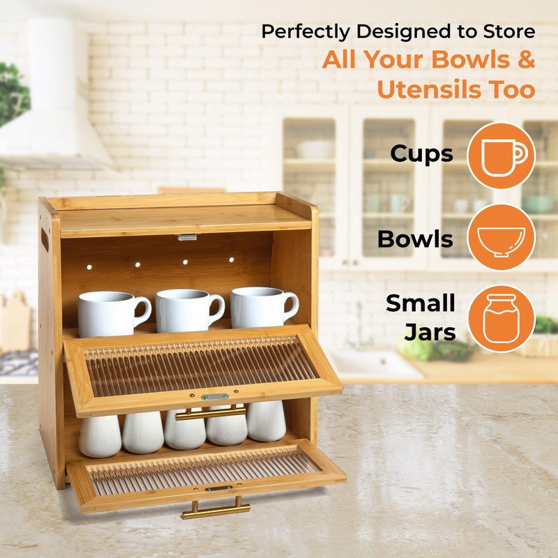 Gennua Kitchen Bamboo Bread Box for Kitchen Countertop, Large Dual-Layer