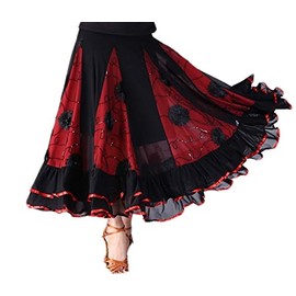 CISMARK Elegant Ballroom Dancing Latin Dance Party Long Swing Race Skirt, Black&red, One Size