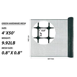 PotatoLife Plastic Hardware Mesh Netting, Garden Netting, Temporary Fence, Tree Guards, Safety Net for Balcony, Deck, Stair Railing, Animal Barrier, Poultry, Deer, with 50 Zip Ties, 4' x 50', Green