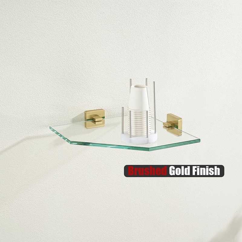 JQK Corner Glass Shelf, Brushed Gold Bathroom 304 Stainless Steel