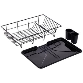 Sweet Home Collection Metal, Plasic ,Dish Drainer Drain Board and Utensil Holder Simple Easy to Use, 12" x 19" x 5", Black