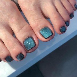 KQueenest Cat Eye Black Green Toe Press on Nails Short Square, Glitter Fake Toe Nails Press on, Soft Gel Glue on Toe nails for Women Summer, Gothic Sparkly Reusable Toe Acrylic Nails 24 Pcs