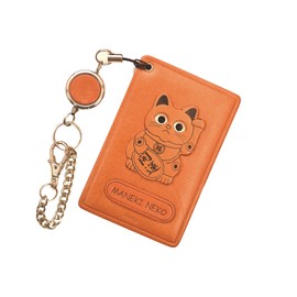 Beckoning cat Genuine Leather Pass Case Leather Tales pasuka-dohoruda- Gold Brown