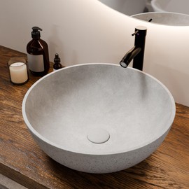 YIMAI Ingenuity Design Vessel Sink Concrete Bathroom Sink above Counter Small Vessel Sink Bathroom Sink Bowl Countertop Modern Sinks with Faucet and Drain Combo 15.7" Round Gray