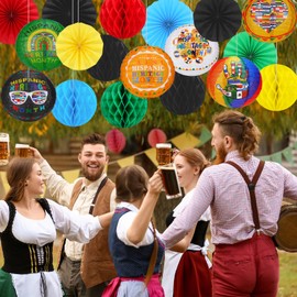 Fullhawl 18 Pcs Hispanic Heritage Month Party Hanging Decoration Black Red Green Yellow Hanging Paper Lanterns Round Honeycomb Ball Paper Fans for American Hispanic Heritage Month Party Decorations