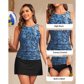 Daci Womens Tankini Swimsuits with Skirt - Two Piece Tummy Control Bathing Suits High Neck Swimwear, Blue Paisley, Medium