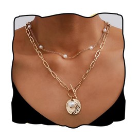 Fdesigner Gold Pearl Choker Necklace Chain for Women Layered Coin Pendant Necklaces Chic Link Chain Holiday Layering Necklace, Adjustable, Alloy Steel, No Gemstone