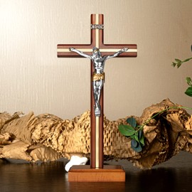 KUXBET Standing Crucifix Cross with Detachable Stand 10.6 Inch Catholic Wooden Jesus Christ Wall Hanging Cross for Home Decor - Antique Gold (10.6" L x 5.2" W)