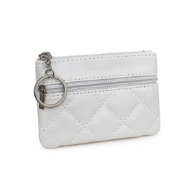 AdiStylinno Small Coin Purse, Rhombus Leather Change Pouch for Women Men, Cute Mini Card Holder Wallet with Zipper Keychain (White)