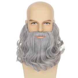 Yan Dream Men Grey Curly Fake Beard with Mustache Wavy Synthetic Facial Hair for Wizard Cosplay Costume